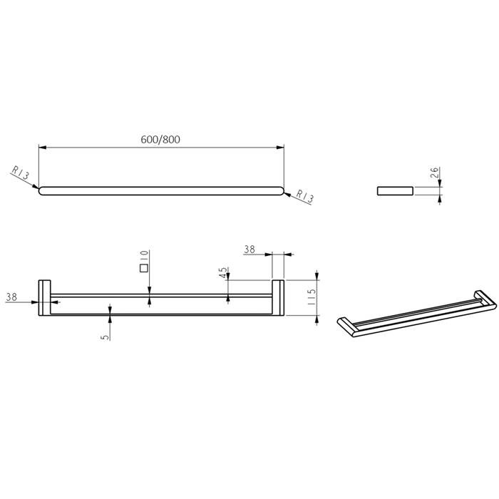 Beki / Lantra Matte Black Double Towel Rail - 600mm
