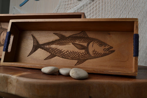 Bahr "Catch of the Day" tray with a rustic wooden finish, featuring a nautical design for serving seafood and appetizers.