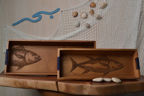 Bahr "Catch of the Day" tray with a rustic wooden finish, perfect for serving seafood or appetizers.