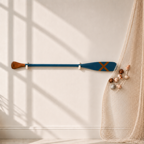 Bahr Crossed Anchors paddle with carved wood handle and painted anchor designs on the blade, ideal for nautical-themed decor.