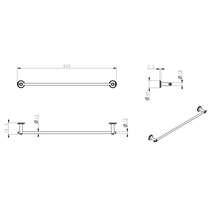 Mica Brushed Nickel  Heritage Single Towel Rail - 600mm