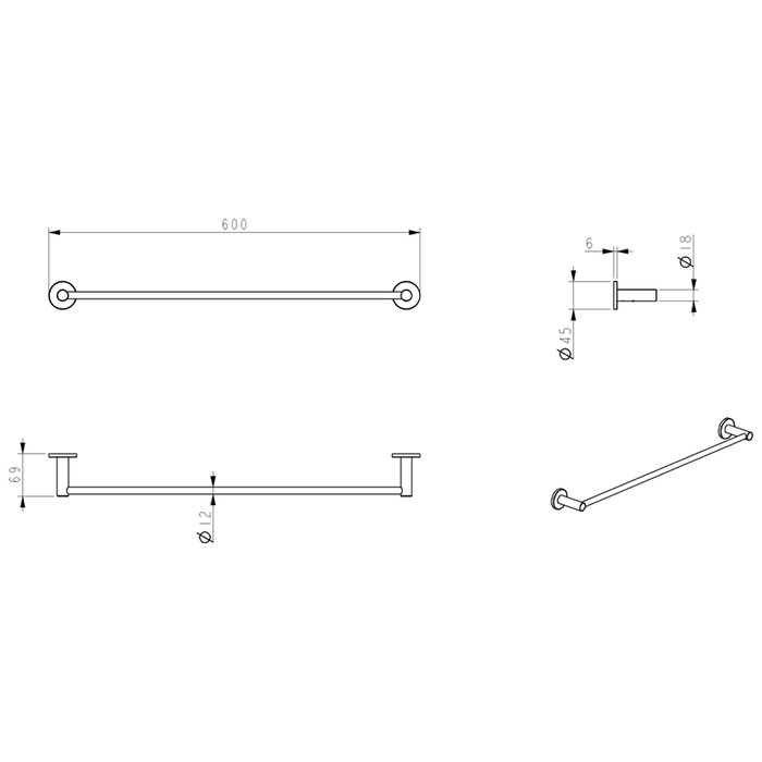 Mica Gun Metal Single Towel Rail - 600mm