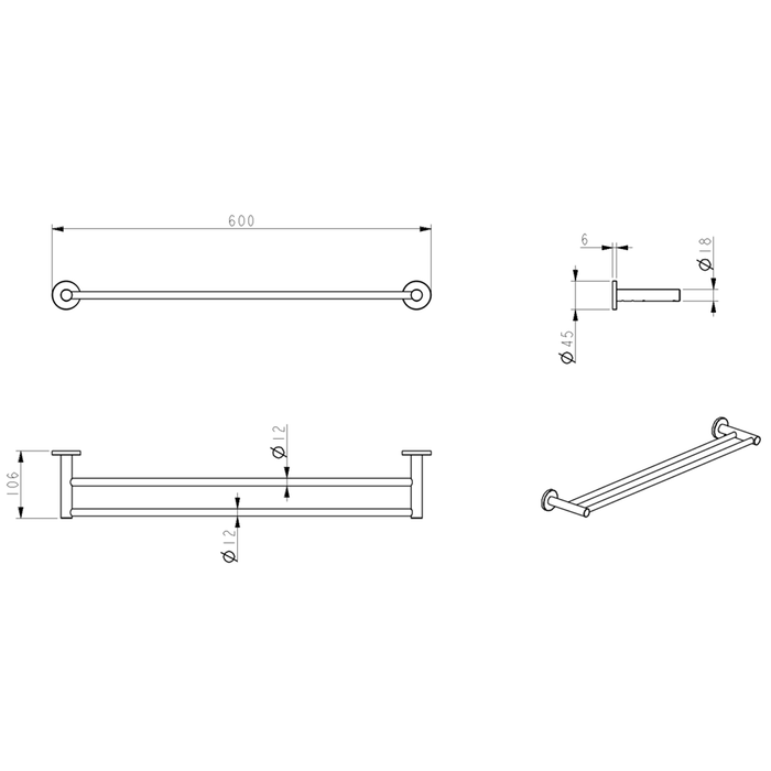 Mica Matte Black Double Towel Rail - 600mm