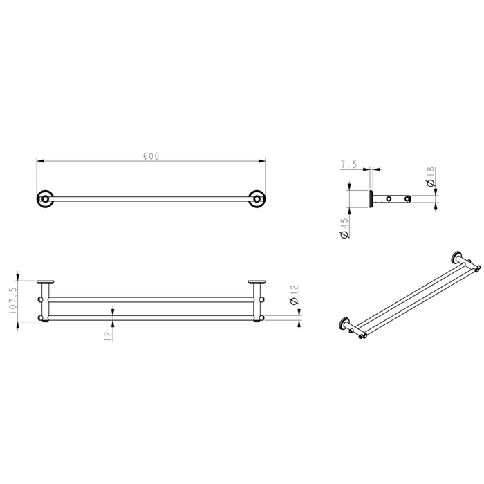 Mica Matte Black Heritage Double Towel Rail - 600mm