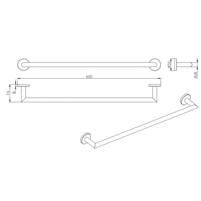 Parker Matte Black 600mm Single Towel Holder - Acqua Bathrooms