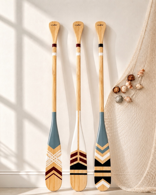 Bahr Regatta Paddles set with wooden handles and blue blades, ideal for kayaking and water sports.
